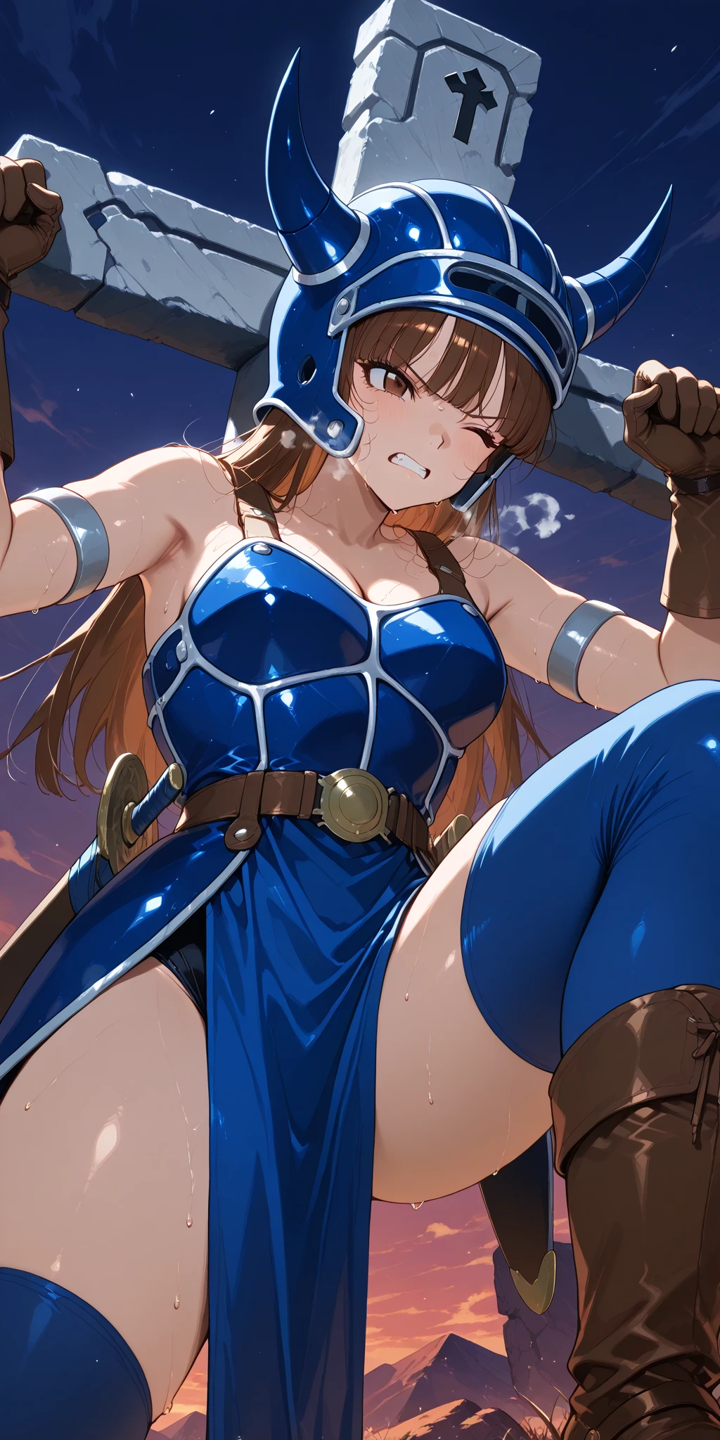 branwen, ((Heterochromia iridis:1.2, blue eyes, Red Eye)), ((Sunburned skin, Brown skin color)), Sandals (((Side plea:1.5, Drill_hair))) ((arm shield, little shield, sword, armor))),