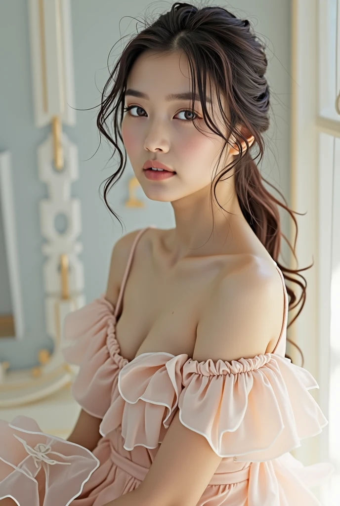 best qualtiy,tmasterpiece,超高分辨率,(fidelity:1.4),RAW photogr,1girl,Cropped crop top,Pink off-the-shoulders,cinmatic lighting