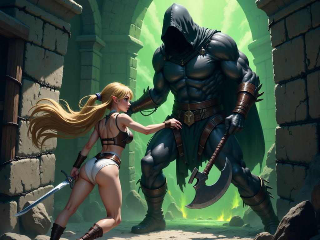 A blonde girl mind controlled through a mind control mask, Wearing a blue crop top and skirt, she lies on the floor after being defeated by a knight, her partner mind controlled through a mind control mask, She wears a pink crop top and skirt, goes to see how she is and then as a last resort, The girl in the blue top switches bodies with the girl in the pink top