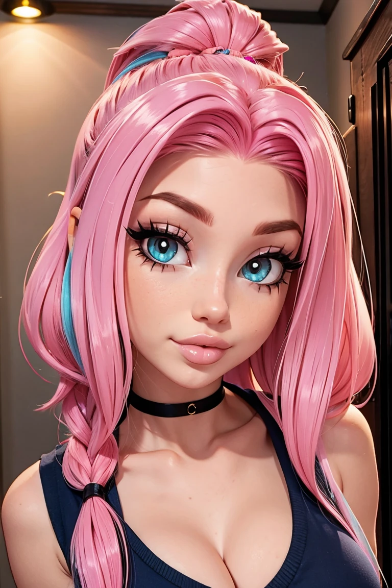 beautiful girl, woman, indoors, sexy body, (realistic), (cute), (detailed face), brown eyes, clear eyes,
pink hair, low contrast, pale skin,
lingerie,
dark eyeliner, under eye discoloration, diffused lighting under skin,
<lora:add_detail:0.4> intricate detail,
silver hoop earrings, dappled sunlight,
delicate knees, long sexy legs,
slender, blushing,
cinematic lighting, (sharp focus:1), volumetrics dtx, (professional photograph:1),(dramatic:0.5),, <lora:IWR-BelleDelphineUltimate:1> 1girl, brown eyes, cute face, pink hair, long hair, sexy, Belle Delphine,