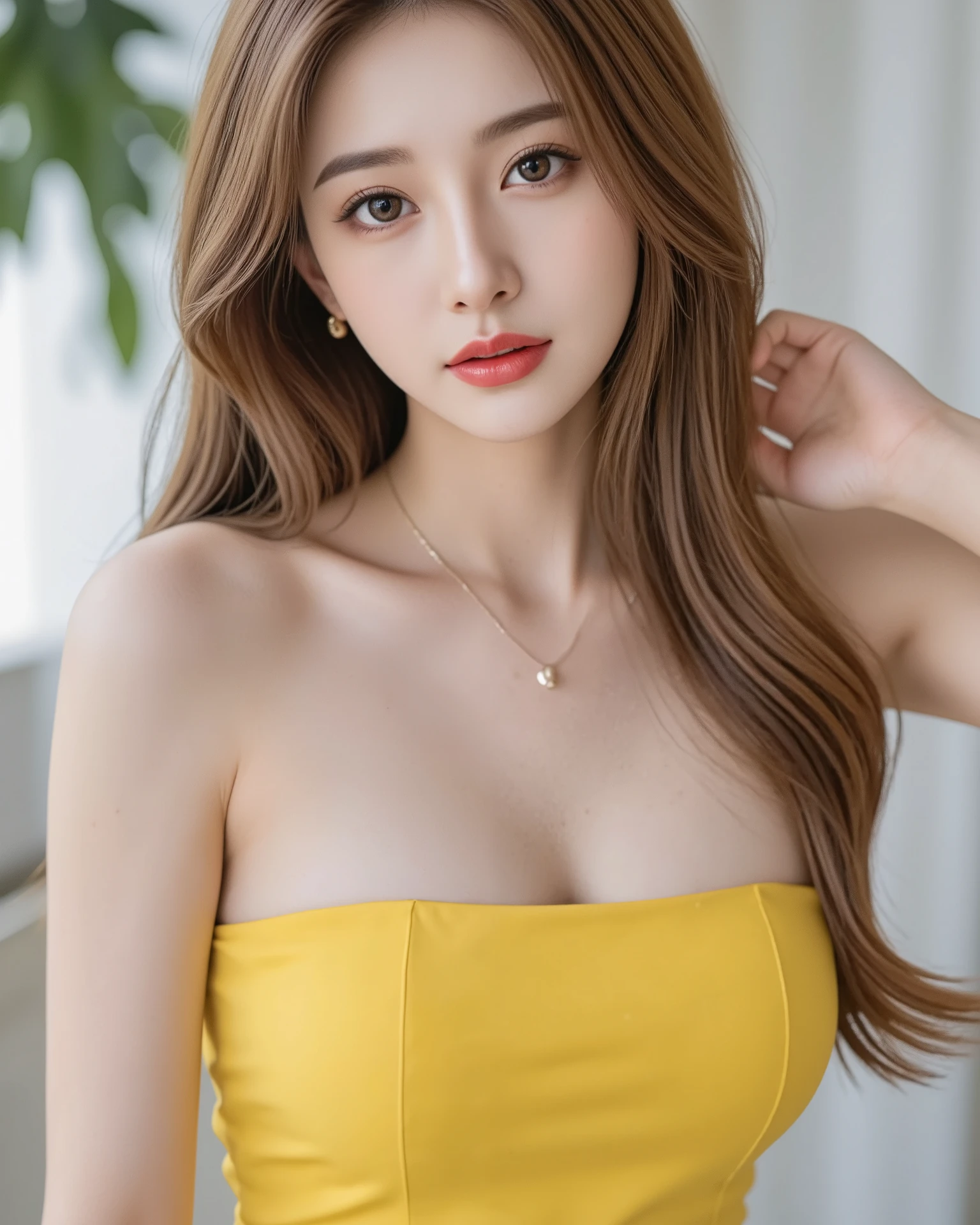 ((Top quality, 8K, masterpiece: 1.3)), Beautiful girl, pure, melon face, gentle and cute, sweet kissing gesture, sweet smile, pure desire, slender body, (front), (tilted head), ((Looking at the camera)), wearing a variety of colored dresses, medium hair, normal chest, long flowing shoulders, big round black eyes, big clear eyes, moist red lips, Sweet, sitting on a chair, afternoon cafe terrace background, (((shot from the chest up))),