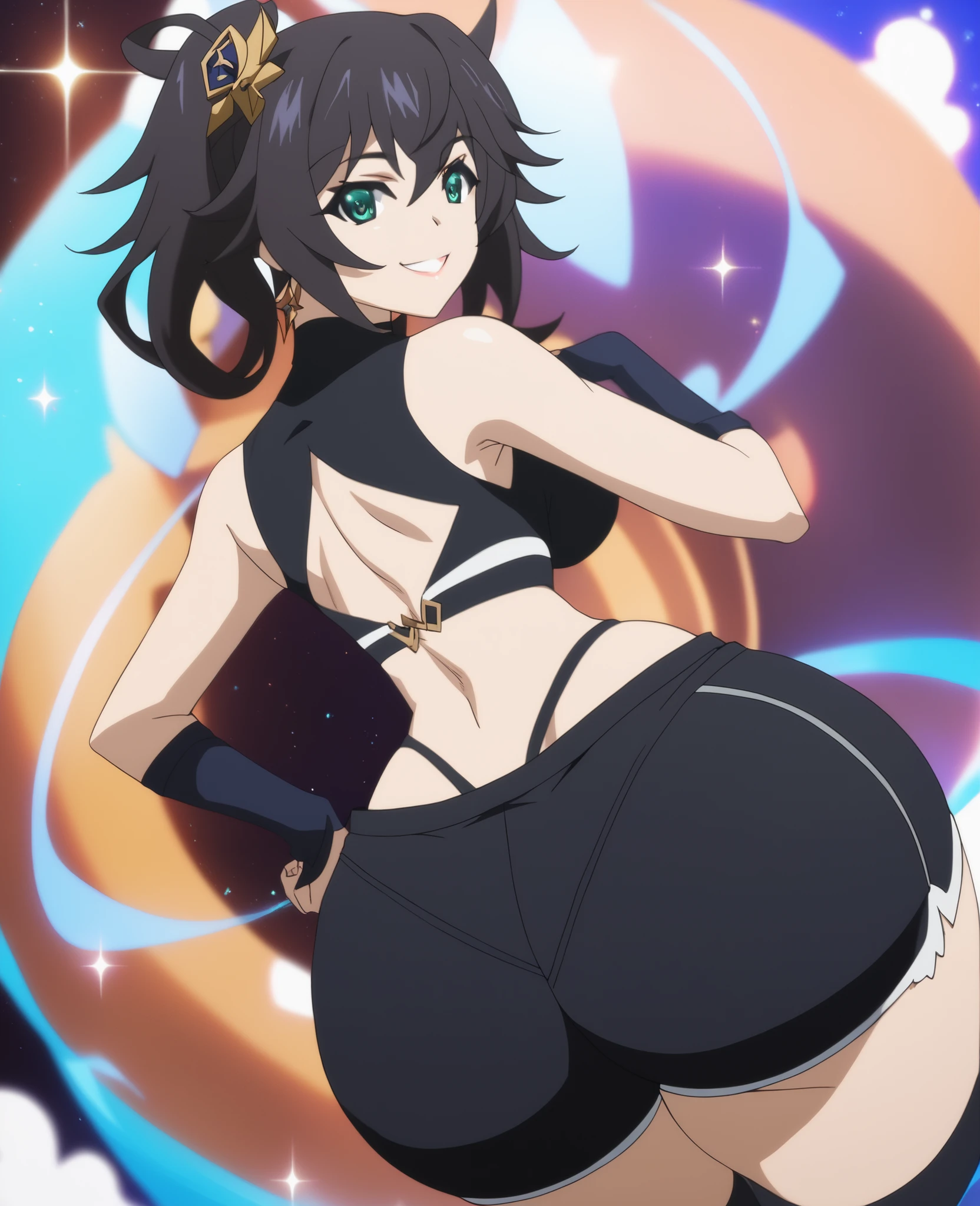 Make a Genshin Impact oc. Give her long, brown to blue ombre hair. Her vision/element is anemo. She has a star-themed, teal, and black outfit. With shorts. Brown, slender-ish eyes. She is very kind and soft-hearted. She likes space and singing. Mature body. Slight head tilt, and smile. (gigantic butt: 1.4),