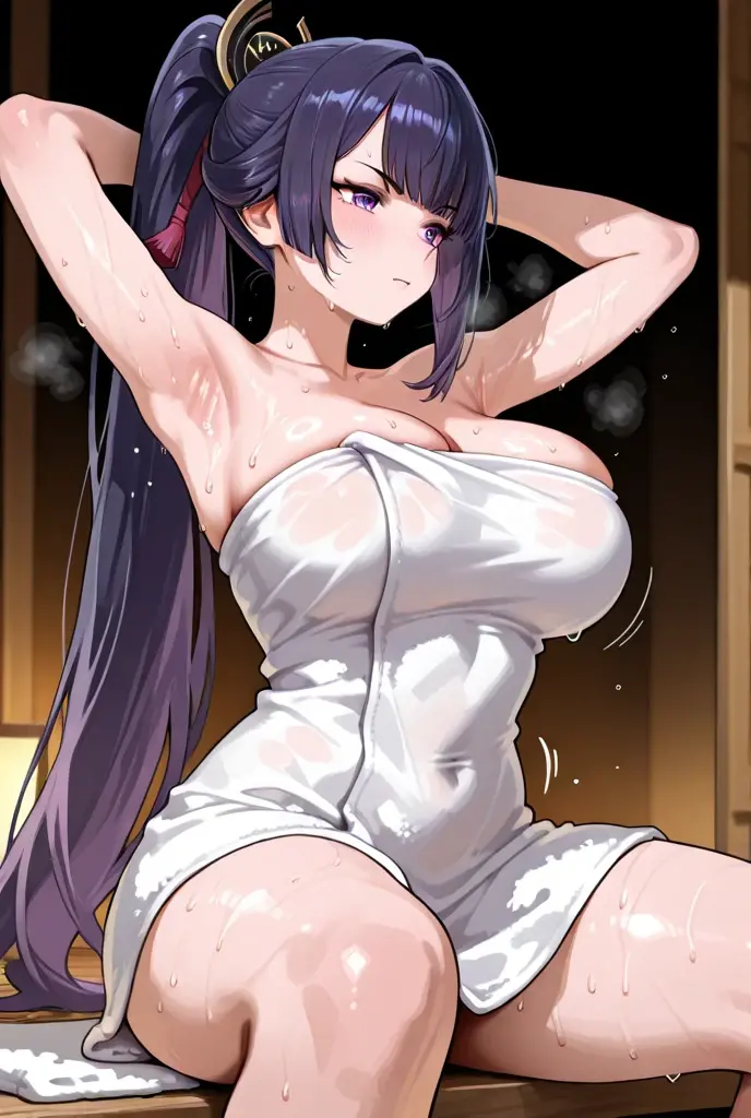 (high quality, 8k, 4K, high contrast, artwork:1.2, high quality, best aesthetics), ((1 woman)), erotic, sensual, mature body, super detailed, beautiful face detailed, beautiful eyes detailed, detailed beautiful mouth, sexy body, perfect breats, perfect wide thighs, (long, wavy dark purple hair), (dark purple eyes), (black lipstick), (serious facial expression), (naked with a long white kitchen apron), (standing), (centered) , (looking at the viewer), (kitchen)