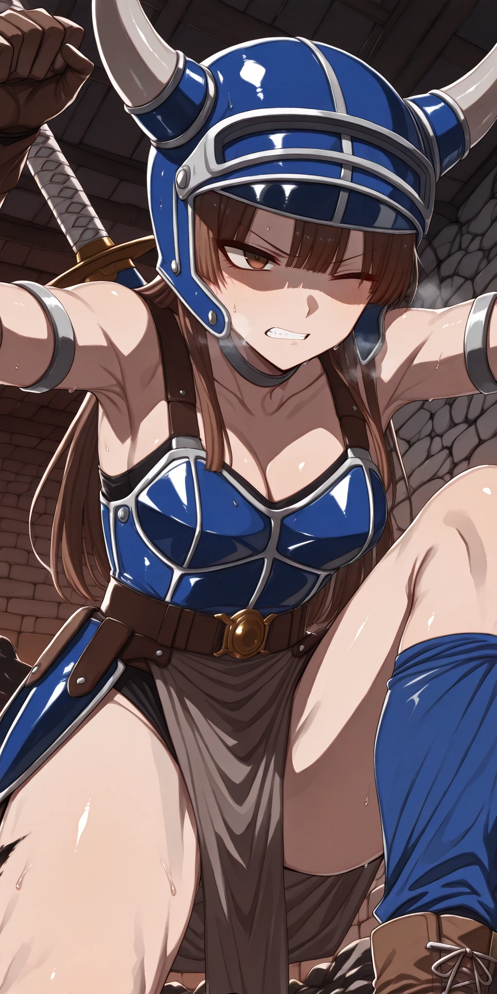 Arms back, restrained, leaning forward, (masterpiece, premium quality: 1.2), she, borrowing, 1 girl (Chizuru Mizuhara), brown hair semi-long hair with horizontal braids. Bangs are slightly shedding, brown eyes, anxious face, looking at the camera, in a dark basement, cobblestones with an eerie cold atmosphere, large, (((wearing torn medieval full body bikini armor)))), sexy white shiny big, big cleavage, copious sweat on the body, blush, hollow chest, tied back with a rope, legs open, legs open, chained, large, hands chained, shackled, Tied up, slave collar, chain around the neck, dark fantasy, open legs, M-shaped open legs, tied behind the hands with ropes, silver chains, open legs, legs spread, hung by chains, pulled up by chains, crotch open, big, trying to spill out of the costume. Restraint, slave, collar, contempt, medieval bikini armor, tears, mature adult, charm, obedience, shiny skin, shiny, (sweaty: 1.3), exhausted,