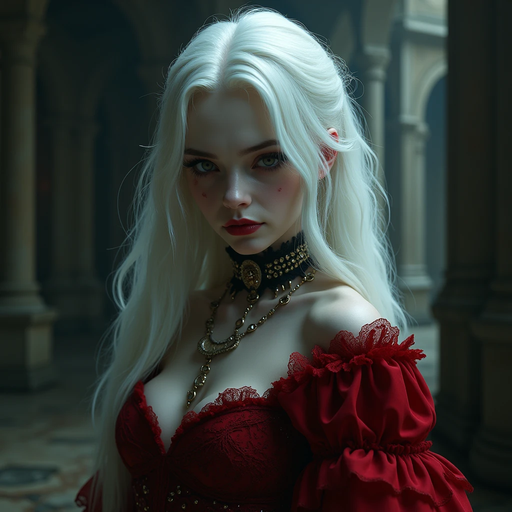 arafed a picture of elf vampire in her castle. an exquisite beautiful female elf vampire (ultra details, Masterpiece, best quality), bloody mouth blond hair, pale skin, hair in a ponytail, long hair, blue eyes, small pointed ears, cold eyes, smirking, wearing white dress (ultra details, Masterpiece, best quality), red cloak, in dark fantasy library, book shelves, arafed high details, best quality, 16k, [ultra detailed], masterpiece, best quality, (ultra detailed), full body, ultra wide shot, photorealism, RAW, dark fantasy art, gothic art, ArmoredDress, Dark Novel, Dark Art Painting Style, dripping blood, goth person
