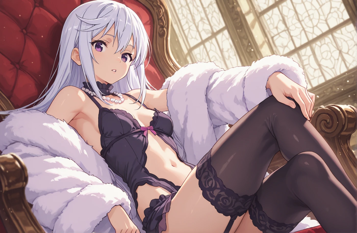 masturbation, pussy, vaginale, pussy juice, (Highest quality, High resolution, Very detailed), 2 women, Silver Hair, Long Hair, Reddish brown eyes, lace thong bra, Large Breasts, Thin legs, spread legs, secretary, 24th generation, Beautiful woman, mature, quiet, Calm, A small smile, sofa,