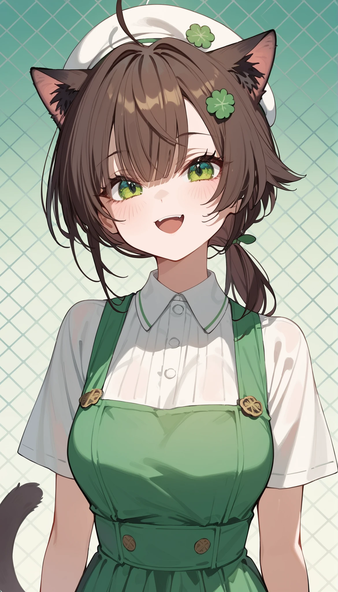 Catgirl ,, brunette,in Green Eye,Cool Hair Long Bob, Ahoge,slim, Tomboy,Fierce face, has a tail ,Grid Background, Milf, Two tone hair, pudding colour hair,upper body shape,Clover Hairpin,smile,, green dress,Open Shoulder Blouse, two-piece ,Short ponytail,Short Sleeve Shirt,White Beret, Thin Clothes,Green bib,Open your mouth