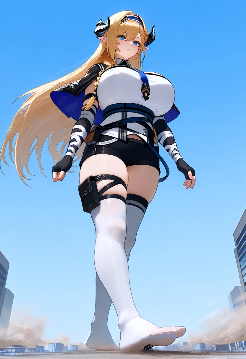 1 woman milf “"Giant breasts" + "large rear" + "wide hips" + "plump thighs" + "blue eyes" + Pointy ears + Very blushing + Vertical scar on right eye (("serious expression")) + "Longcurly blonde Hair" + "Red Lips" + "Lucious Lips"”)}, {“Outfit”: tactical gear, armed forces uniform, gloves, boots})