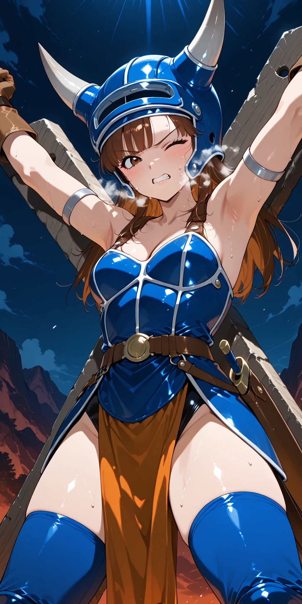 Anime, 1 girl, huge Brown hair, fluffy hairstyle, blue eyes, busty, gorgeous plump body, thicc hips, heavy armored, Holding a gigantic sword in hand, she had dragon wings, she had a large tail, smiling