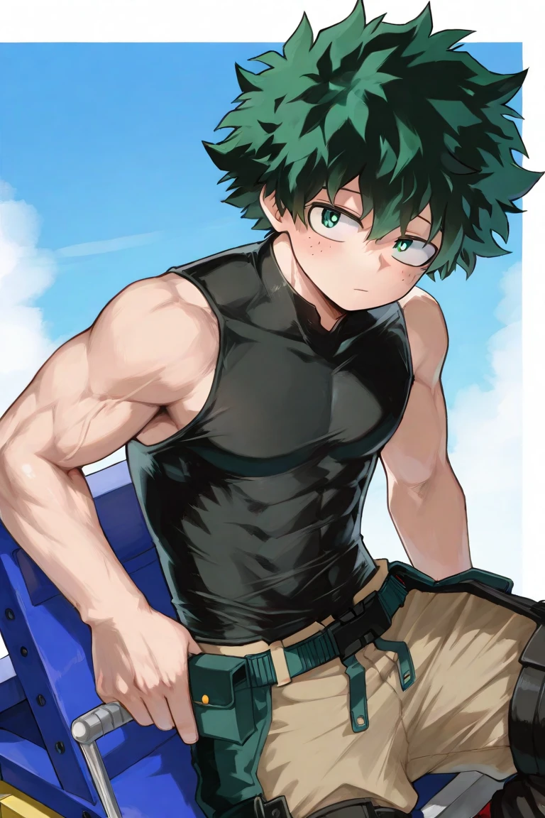 (masterpiece, best quality:1.2), solo, male focus, 1boy, midoriya izuku, short green hair, green eyes, wearing only briefs, teenager, toned slender body, domed helmet with visor, mind control device, blank expression, relaxed body posture, sitting in chair, anime style, my hero academia style