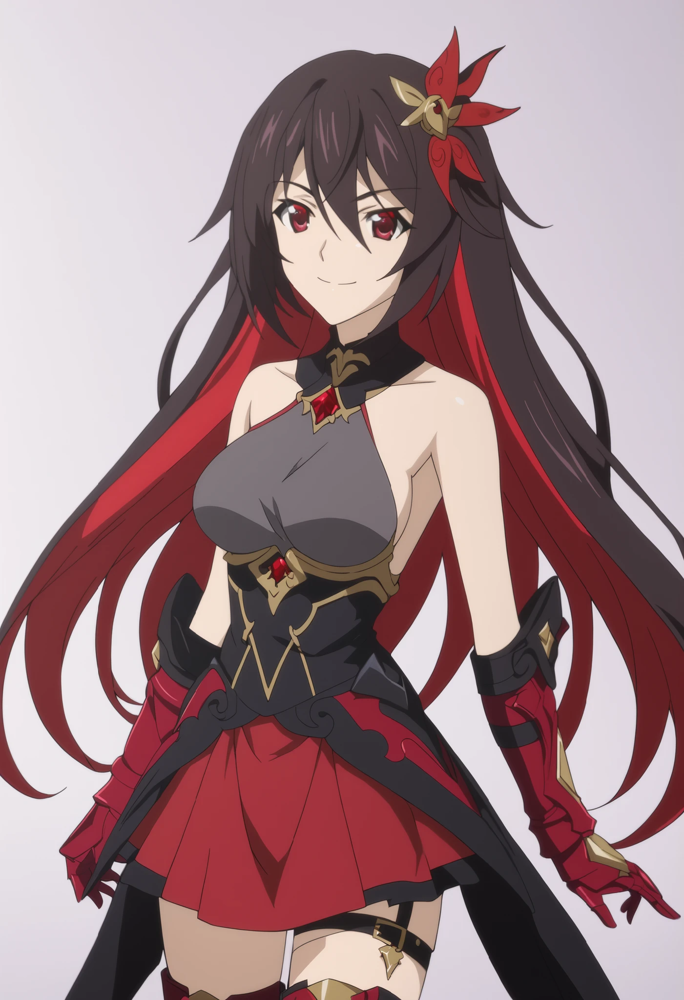 High quality, best quality, masterpiece, anime, newest,1girl, solo, SeeleVelionaNyx, red eyes, black and red hair, two-tone hair, multicolored hair, colored inner hair, long hair, hair between eyes, ahoge, hair ornament, sleeveless shirt, bare shoulders, collar, necklace, red gems, gold underbust, gray top, sideboobs, black corset, red skirt, miniskirt, gunmetal and gold thigh boots, red gloves, thighstrap, gauntlets, butterfly decorations, coattails, bare shoulders, smiling, standing,