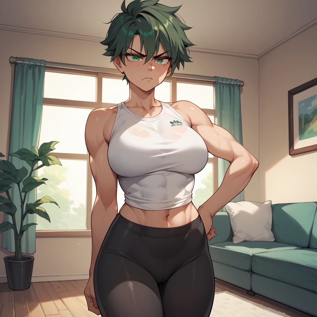 calidad superior, Obra maestra, Ultra high resolution, Anime illustration of a 1 very short femboy boy with very short green hair, She has green eyes and is wearing a short shirt and very tight shorts. She is in a cafeteria. She has big thighs and a very feminine body with a flat chest and a thong coming out of her tight shorts.