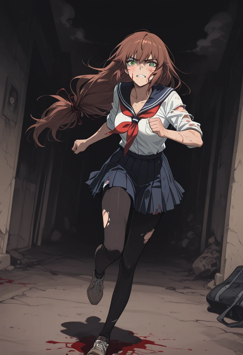 1girl, serafuku, green sailor collar, white shirt, green skirt, thighhighs, ponytail,high-waist skirt, black bow, long hair, blood, scared, torn clothes, torn legwear, torn shirt, torn skirt, surrounded, zombie,, masterpiece, best quality, highly detailed