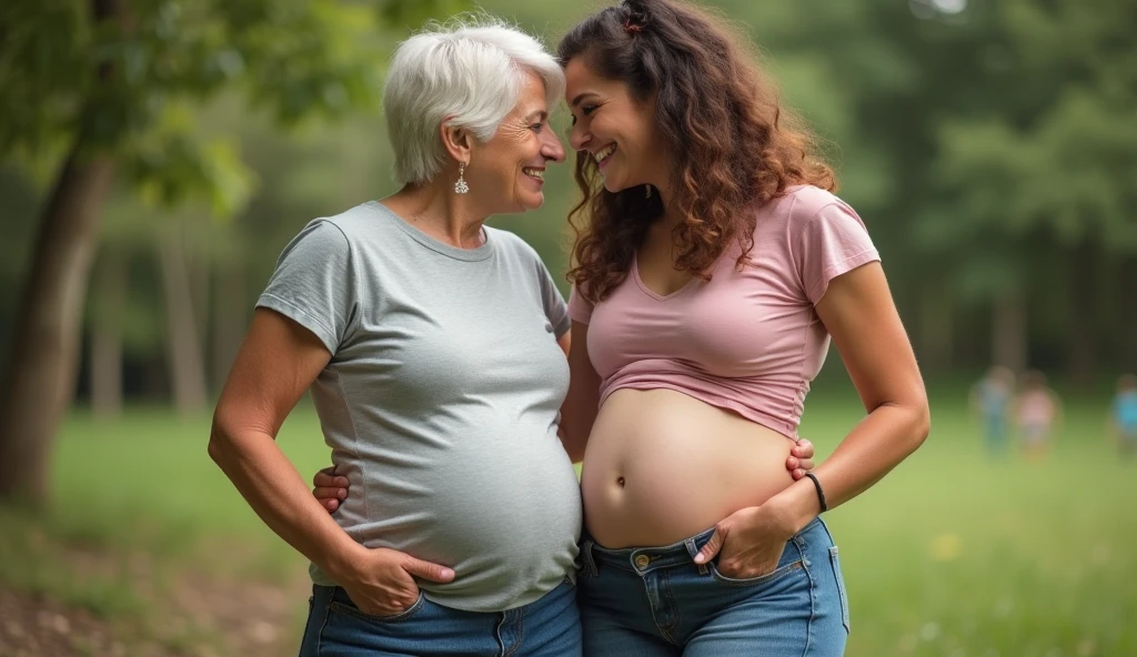 Create a photo of a 20 year old young woman, with a slender and beautiful body, wearing jeans and an open white shirt and white lace bra, with white and clear skin, with long brown hair being carried in the arms of a 90 year old elderly lady, obese woman who has dark black skin and is wearing a blue dress and glasses