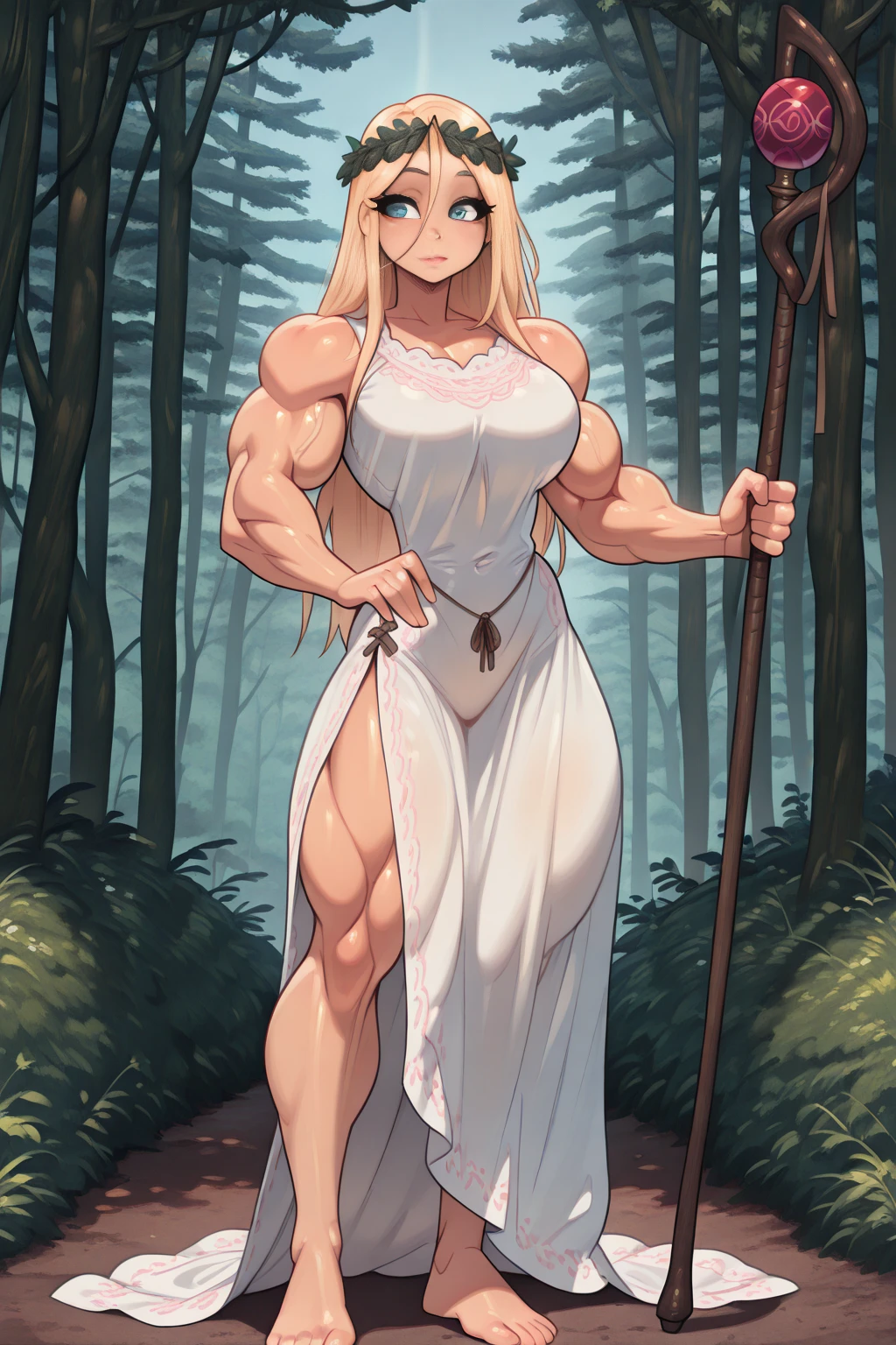 1 girl, beautiful, perfect lighting, muscular, thick thighs, mature woman, milf, navel, abdomen, (masterpiece, high quality: 1.1), anime waifu bodybuilder, beautiful face, debatalho face, extremely detailed eyes, knight character, green eyes, perfect body, fit body, looking at the sword, character holding a sword, abdomen, large breasts, muscular, ((hair) long and blonde), sarashi white breast, sarashi, underboob, breasts bandages, arm bandages (insanely detailed, beautiful detailed face, masterpiece, best quality), (looking disgusted), konosuba, character A2, (white and torn bandages on the arms and legs), image taken from above, camera away, image with focus on the sword, high quality, white light clothes, sweat splattering, character on guard with sword, knight's pose, sword with sharp blade with brightness, clear picture, blue background, forest landscape, detailed image without errors, Elf, Konosuba, Nanatsu no taizai