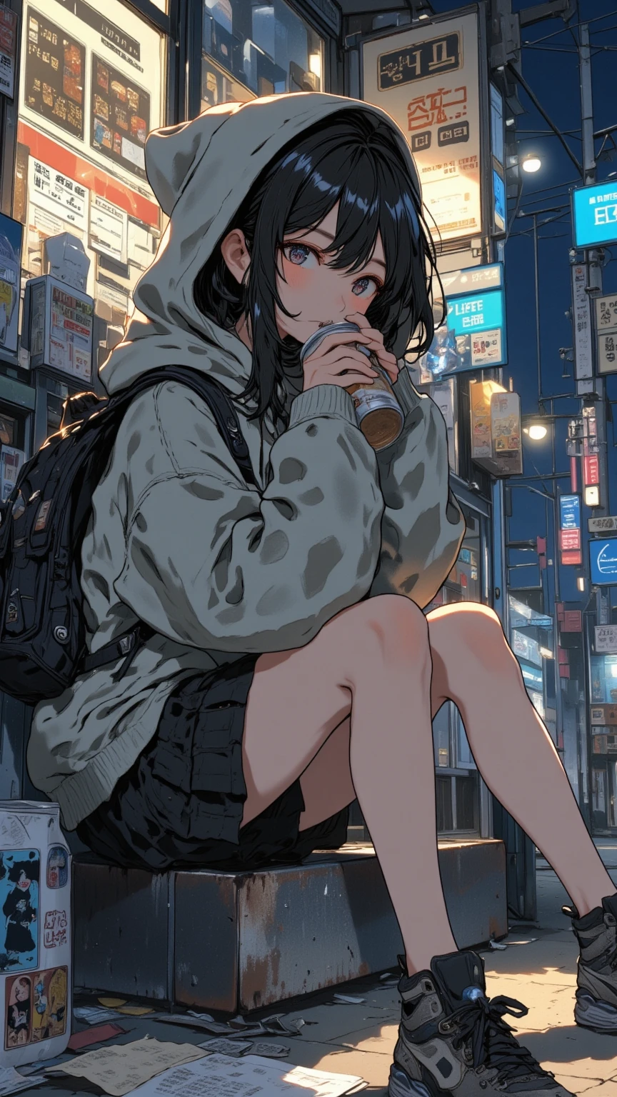 a beautiful Japanese girl wearing a large hoodie with the hood up, short pleated skirt, and worn sneakers, sitting outside a convenience store at night, drinking canned coffee with one hand, messy bangs, subtle dark circles under her eyes, soft wind gently lifting her hair, store light reflecting in her eyes, crumpled receipt and comic book on the ground, stylish yet tired expression, cinematic atmosphere, shallow depth of field, neo-style lighting and colors, highly detailed, masterpiece, ultra clean rendering

