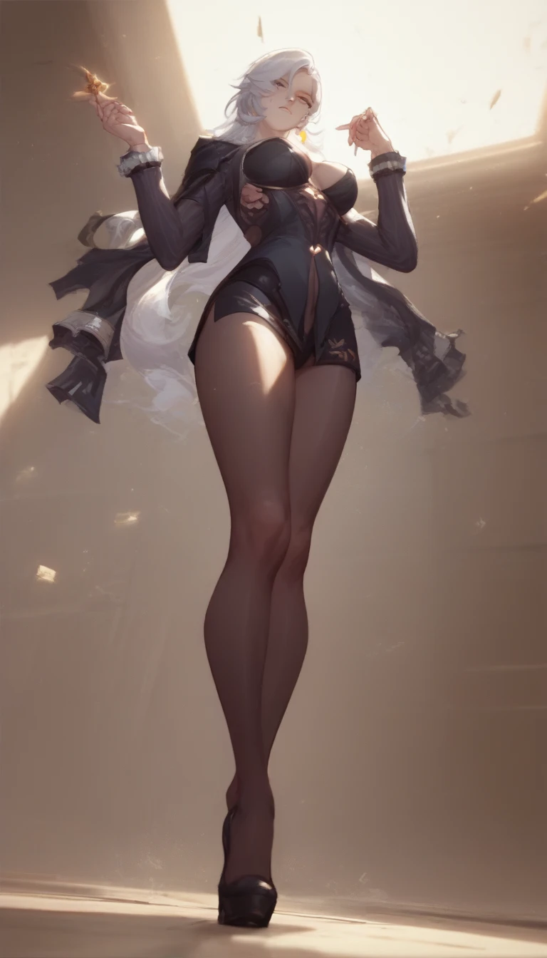 ((Лучшее качество)), ((шедевр)), (подробный), Keqing horny half naked sits excitingly in black tights, one foot on the other
