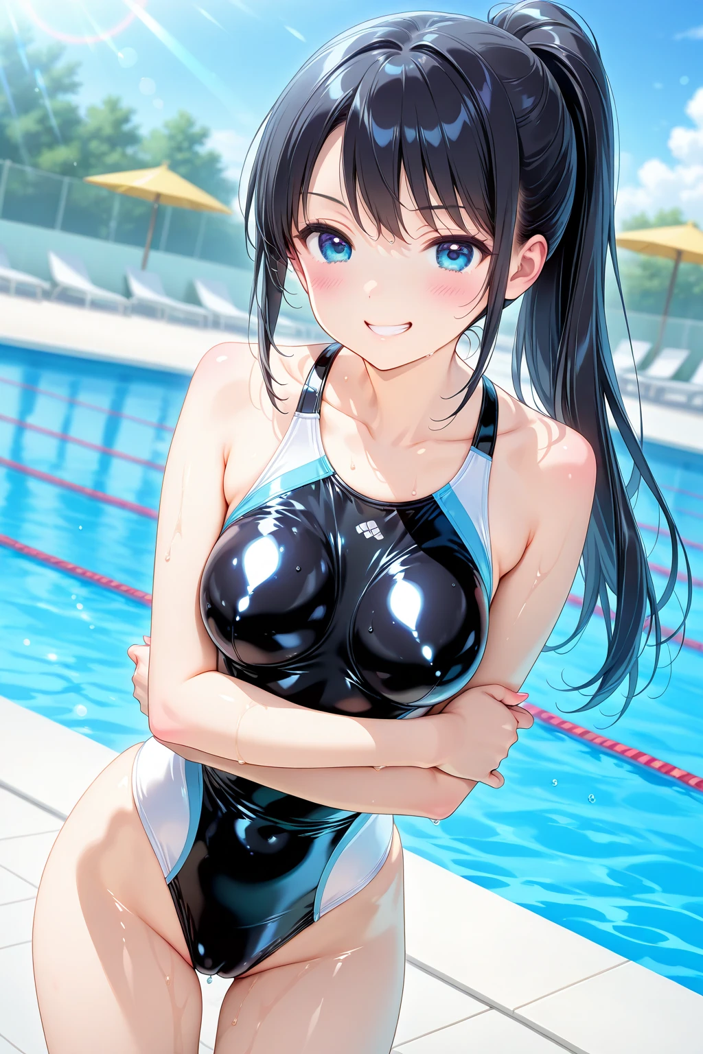 (Best quality, 8k, 32k, Masterpiece, UHD,:1.2),RAW, human, 1girl,ultra cute , ultra cute, natural lighting,transparent shining eyes, 20yo,medium breast ,femur, fair complexion , flushed face, Cameltoe:1.4、(Sweat)、(vapor)､(((Long gloves:1.3)))、Brown Loafers、Black calf socks、Open your thighs wide to the left and right､((squat))、Showing your crotch to the audience, ((Latex Old School Swimsuit:1.3、squat, Spread your legs:1.3, Put your arms behind your head ))、12 years old、Absurd、黒い long hair、White headband、Flat lighting、Elevation、Sexy pose、highest quality、Complex、Surreal、perspective, Very detailed, Detailed Background, shape、1 girl、alone、Big Breasts、A light smile, Embarrassing, blush, ((Outdoor pool side)),