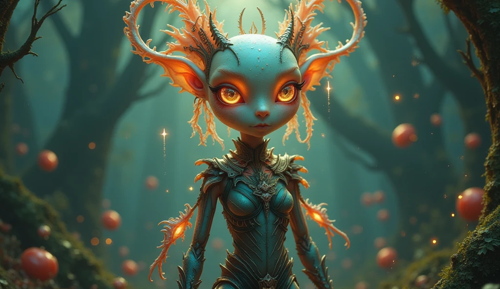 (best quality: 1.4), (masterpiece: 1.2), detailed, complex, high resolution, iridescent colors, A charming and fascinating creature with otherworldly forms that blend the best aspects of the monster human form and the innocent charm of a precocious child, scales, wings, blue, texture, complex, gorgeous, 3D, highly detailed, decorative style, Tim Burton, Dale Chihuly, Bruce Zheng, Cyril Rolando, H. R. Giger $plastic$ Grid: Real Lenoid afremov style, wet, fire