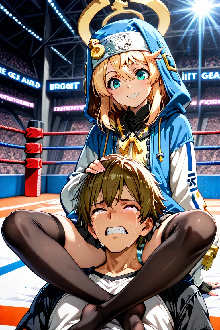 ((1girl)and(1shota boy)),hetero, ((((saber))),artoria pendragon/(((fate/)))) , ahoge, blonde hair, green eyes, hair between eyes, middle breasts, 15 years old, braided bun, hair blue small bow, (white blouse, collared shirt, long sleeves), blue neck ribbon, (medium skirt, high-waist skirt, blue skirt, pleated skirt,) black pantyhose, (ahegao),(trembling), erectile nipples, (cum:1.4),cum in pussy,(cum on clothes:1.4), cum on breasts,cum on body,cum facial, bukkake,cum in mouth,cum on hair,(excessive cum), (1shota boy, short stature:1.4),small penis, dark-skinned ,interracial, ((vaginal,sex)),(upright straddle,couple,face-to-face), clothed sex, intercourse with boy, ((wrestling ring)), (masterpiece,best quality:1.3),(ultra-detailed,high resolution:1.2),(illustration),((an extremely delicate and beautiful)),(detailed background),