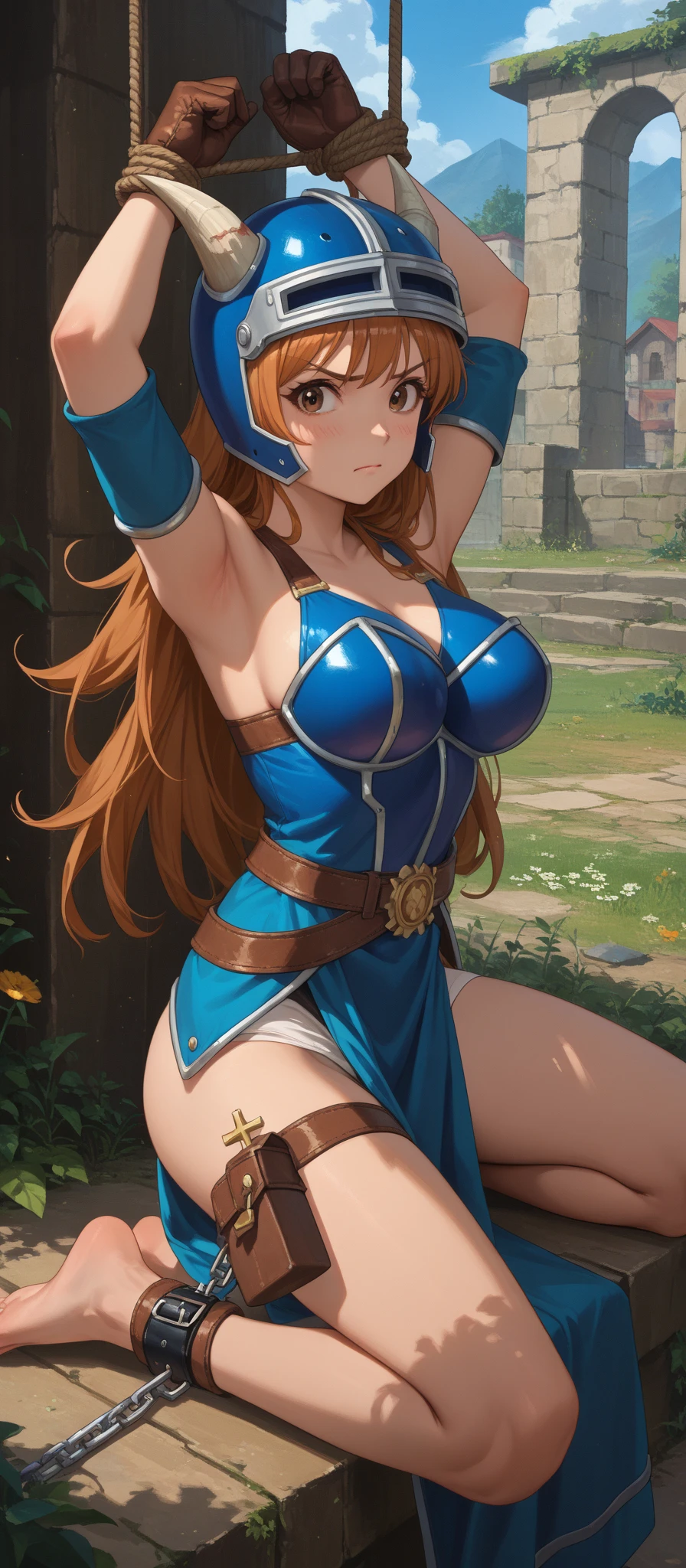 masterpiece, best quality, beautiful art, high resolution, well formed hands, body and fingers, 1 woman, solo, Nilou, adult, large and round breasted, cleavage, hair ribbon, wearing a Leina Vance outfit, loin cloth, full body picture, sexy and skimpy bikini armor,  gorgeous hips,  legs and thighs ,fighting in a combat match, showing her fighting skills, making her guard, about to hit the viewer, looking at the viewer,   sweating, bouncing breasts, smiling joyfully and brightly, being confident and proud, action and fighting scene, fighting cage on beach environment.               
