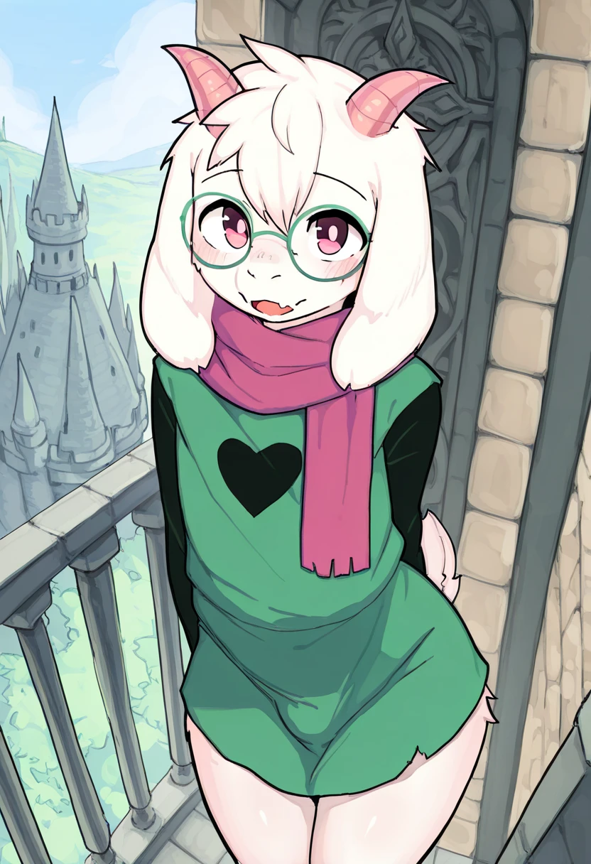 highres, hi res, best quality, masterpiece, intricate details, absurdres, 4k, by Buta99, solo, male, Ralsei, Goat, young, femboy body, pink eyes, front view, white furs, short tail, standing up, purple scarf, green tunic, on the balcony of the dark castle
