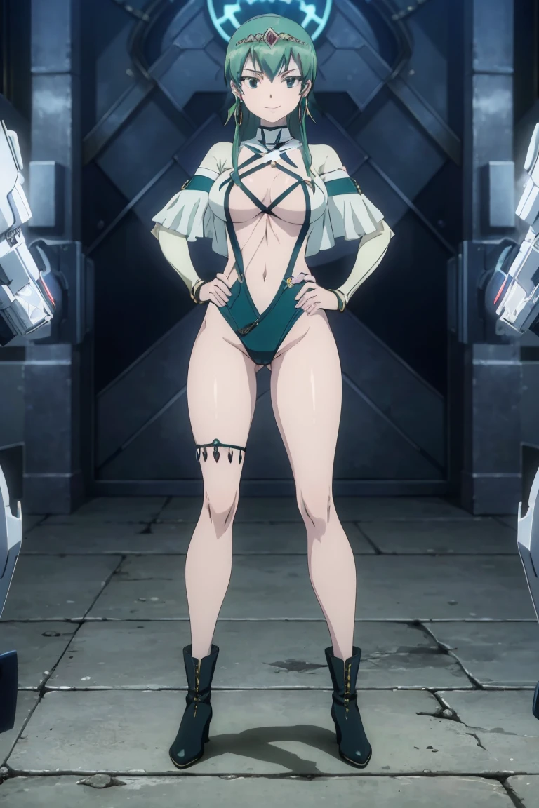 Masterpiece, best quality, Masterpiece, best quality, 1 woman , blue eyes , yellow ponytail , black leather jacket , sly face , smile , bikini , abdomen, big breasts , Long legs , boots , hands on hips , abandoned factory