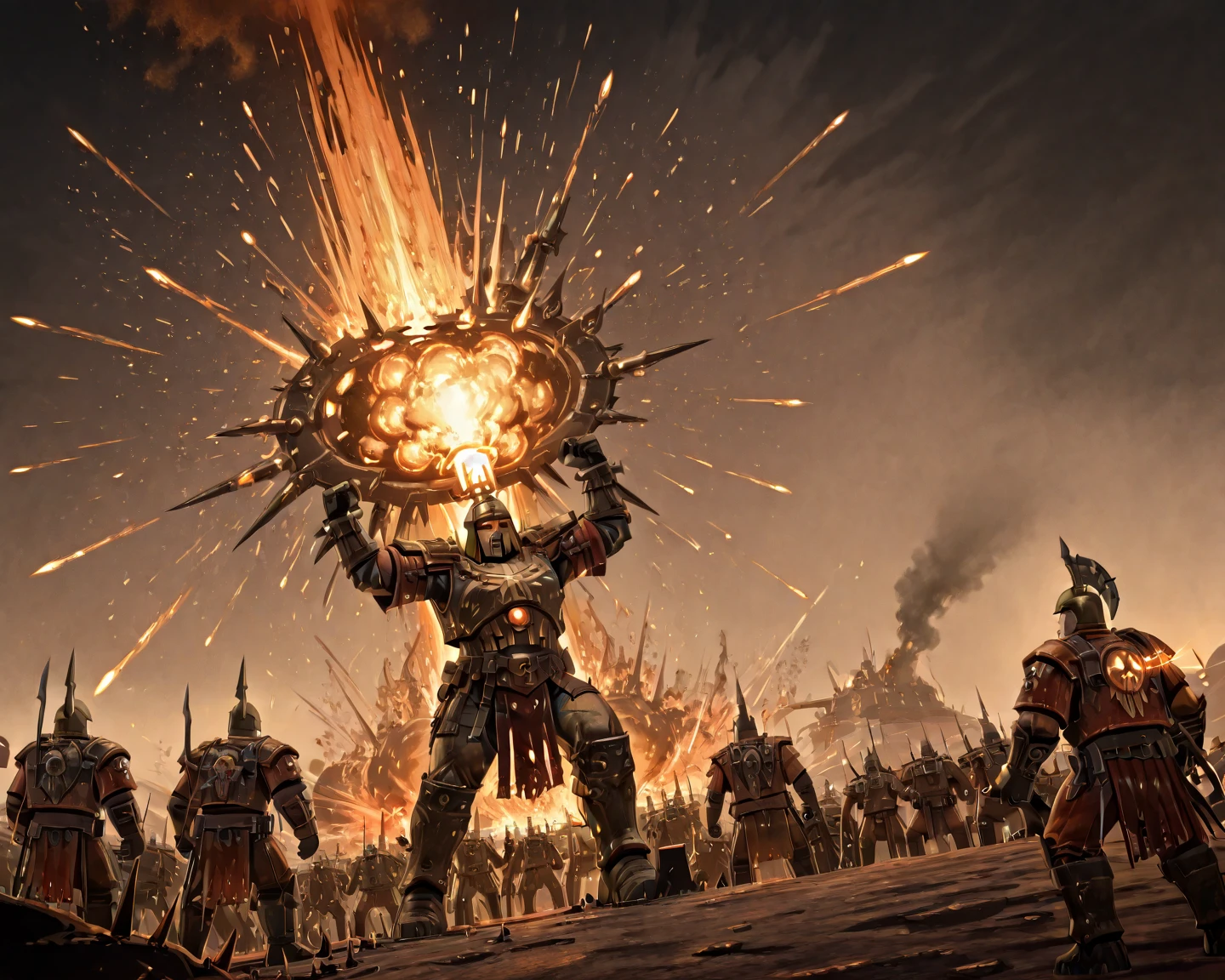 many soldiers , Warhammer 40k , Leagues of Votann VS Ork , war , At the edge of the galaxy where even light doesn't reach , Battle scenes unfolding in a desolate landscape , A massive explosion covering the battlefield, with sparks and smoke rising , low angle ,
