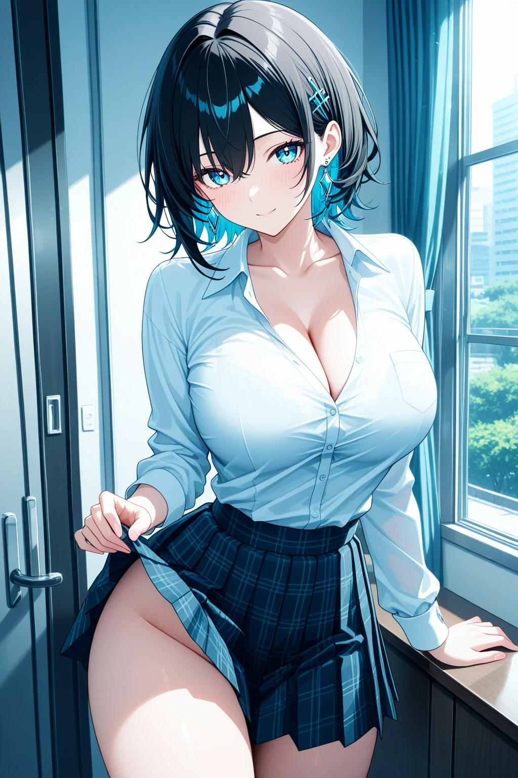 anime - style image of a woman in a blue shirt and tie, seductive anime girl, smooth anime cg art, a hyperrealistic schoolgirl, hyperrealistic schoolgirl, anime moe artstyle, attractive anime girl, realistic schoolgirl, [ 4 k digital art ]!!, beautiful alluring anime woman, detailed digital anime art, teasing smile, beautiful alluring anime teen --auto