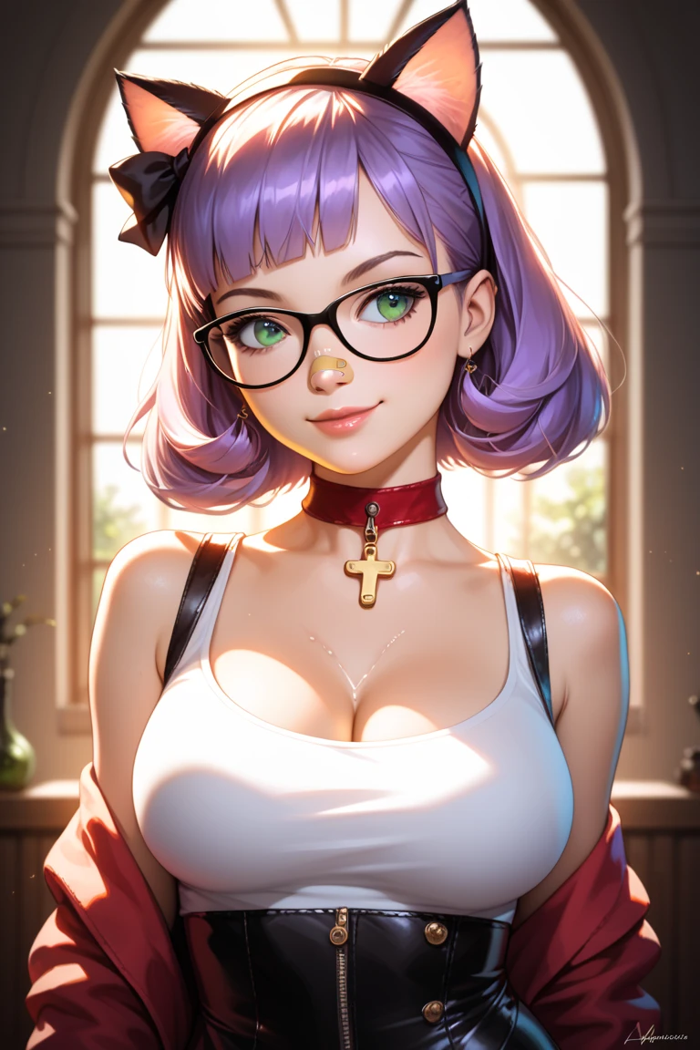 (((Portrait Photo))), She has the Appearance of an Alluring and Professional Young Nurse, with a Voluptuous Figure that Radiates Manipulation and Control. Her Long, Wavy Blue Hair is Elegantly Styled, Falling Gracefully Over Her Shoulders and Framing Her Gentle Face. Her Large, Red Eyes, Enhanced by Glasses, Reflect a Seduction that Exudes Danger and Intrigue, Inviting Both Fear and Desire. Her Expression is Soft and Understanding, with a Hint of a Smile that Conveys an Unsettling Pleasure and Twisted Devotion. (((Portrait Photo))), (((Dark Background))), (((Seductive Pink Nurse's Uniform Accentuates Her Curves))), (((Slightly Reveals Her Chest))), (((Heart-shaped Pupils))), (((Sinister and Seductive Smirk)))