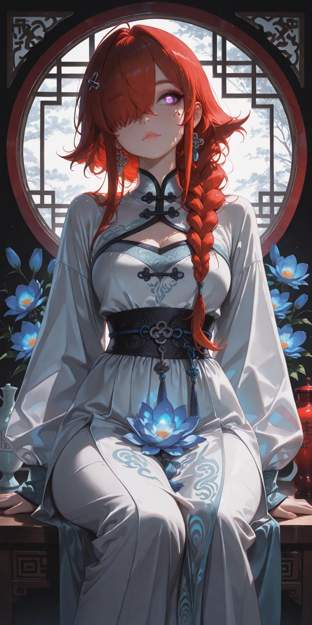 (masterpiece, detailed:1.2),(Fantasy_eyes)(tangobat:0.7),(Sakimichan:0.7),(High quality CT,4K,High resolution,main part:2.3),Very detailed,realistic:1.37,Best quality,masterpiece, high resolution,on_body, Tyndall effect,photorealistic, edge lighting, Two-color backlight,(high definition of skin:2.3), (8K UHD, DSLR quality, soft lighting, high quality, surround lighting, sincere, de 8K , 4k, 8K.) The girl with the copper skin. She has purple glowing eyes and dark purple eye shadow. She has a red eyebrows and red eyelashes. She has fiery scarlet red longest hair braided in a loose braid that floats in the air. her red hair over eyes hiding half of her face. She has blue peonies and silver Chinese hairpins in her hair. She is wearing a traditional Chinese light turquoise Hanfu dress with a small neckline, long sleeves and embroidery in the form of a silver phoenix. on the background : ancient Chinese pharmacephtic shop.