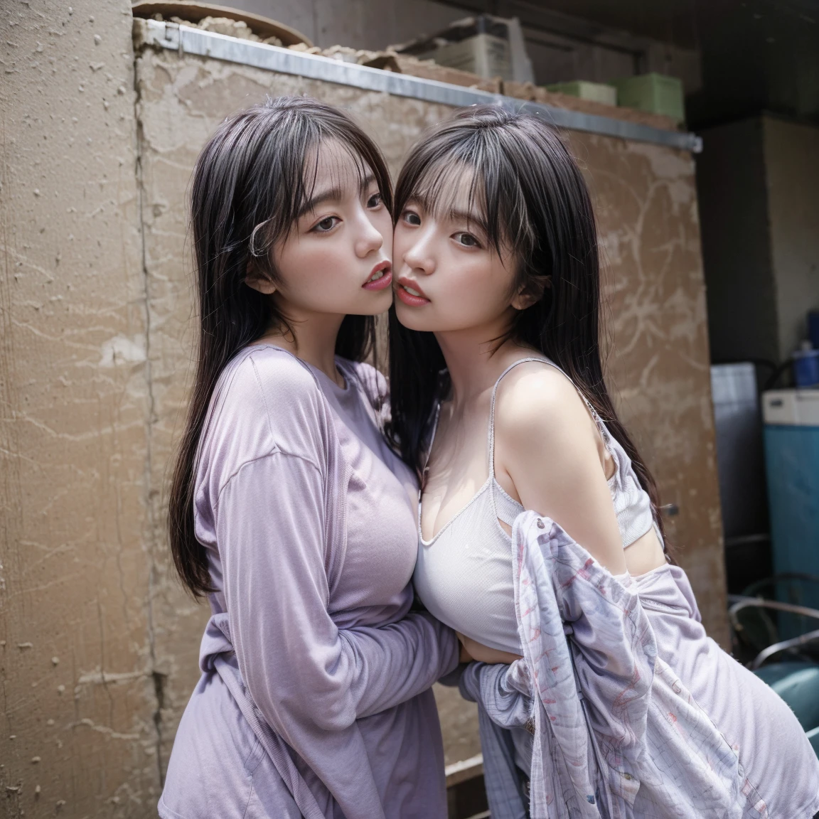 shukezouma, Rendering with Octane, HDR, (super detailed:1.15), (soft light, sharp:1.2), (((duo,Two women in costume take a selfie on the street,colorful pigtails, anime cosplay,))),beautiful girl, hyper detail eyes, mature, paint drop, tears滴をペイントする, woman made with paint, paint completely, splat, splash, long colored hair,paint light bulb,paint drop, exposed shoulders, tears,I can see your shoulders, thighs are exposed, half naked, focus on the face, beautiful face, eye shadow, outline of bear,mascara, beautiful, 18-year-old