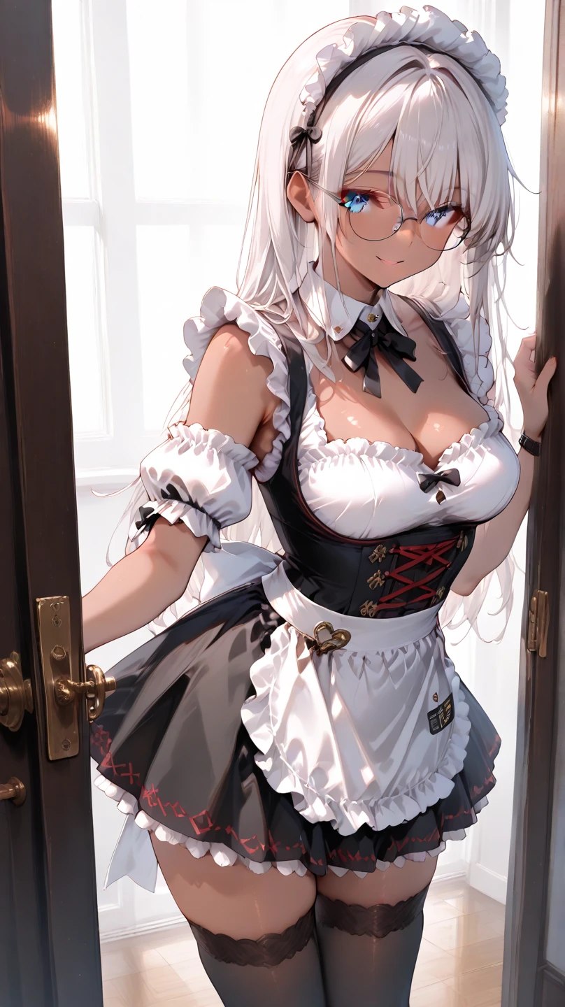 (High quality, High resolution, Fine details, Realistic), (Classic Maid's Clothes), (turtle shell bondage with rope), (Torture chamber), (Midnight), Standing, solo, Curvy women, (open mouth), ((blush)), ((ecstasy)), (Long white hair), (Black Frame Glasses), ((Hands behind back)), sparkling eyes, (Detailed eyes), Large breasts, (Sweat), (Oily skin), (smoke), Light source of a beanbulb, Shallow depth of field