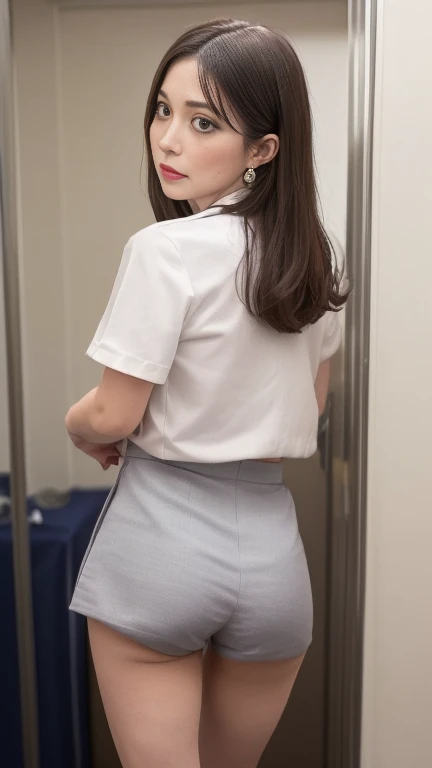 Tied Up Woman、(((Hands behind back with wrists crossed)))、(My wrists are tied with rope)、Beauty、Well-formed face、Shiny long black hair、Make your eyes even、Inside the hotel room、Back view、Show your whole body、White short sleeve shirt、Navy Semi-Long Skirt、Panty lines、Wearing pumps、Standing in front of the window、Age 25、Medium build、Like a real photo、Highest quality