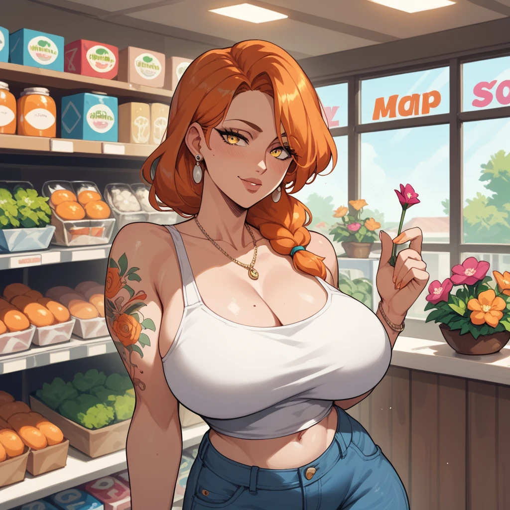 ((Orange hair)), green eyes, long hair up to half, very big bust, ((full lips)), ((Masterpiece)), ((detailed)), (topless)), ((open jean shorts)), ((Best Quality)), ((shopping outside)), very big breasts, ((bright)), (pretty eyes), looking at the viewer, visible nipples, bare breasts