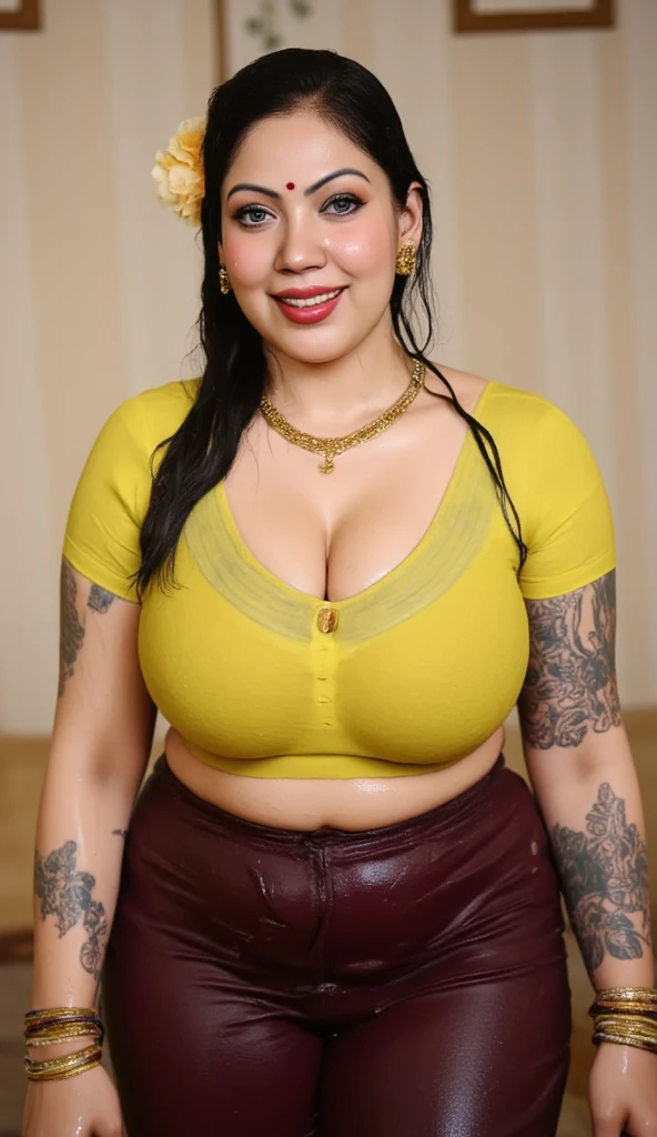(masterpiece:1.1, Best Quality:1.1, 32K HDR, High resolution), (1girl in, Solo), Ultra-realistic portrait of Chi-Chi, (older chichi, dragonball z, Mature chichi, Mature Chichi), realistic chic hairstyle, Black hair, updo hair, Dango Hair, Red Hair Band, ((yellow china dress, yellow Chinese fighting dress)), earrings, gigantic cleavage, Colossal tits, Huge boobs, huge-breasted, (Inside an abandoned hut:1.1, Messy kitchen, Perfect slim body:1.1), hyper detailed face, Detailed eyes, Realistic skin texture, Detailed explanation of the skin, ((show me her shaved armpits, tongue out, long tongue)),