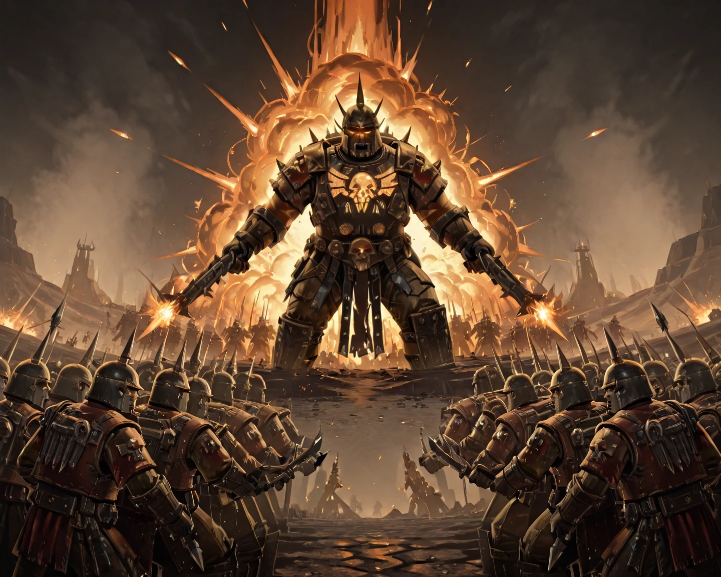 many soldiers , Warhammer 40k , Leagues of Votann VS Ork , war , At the edge of the galaxy where even light doesn't reach , Battle scenes unfolding in a desolate landscape , Clash of Armies , with explosion and smoke rising , low angle ,