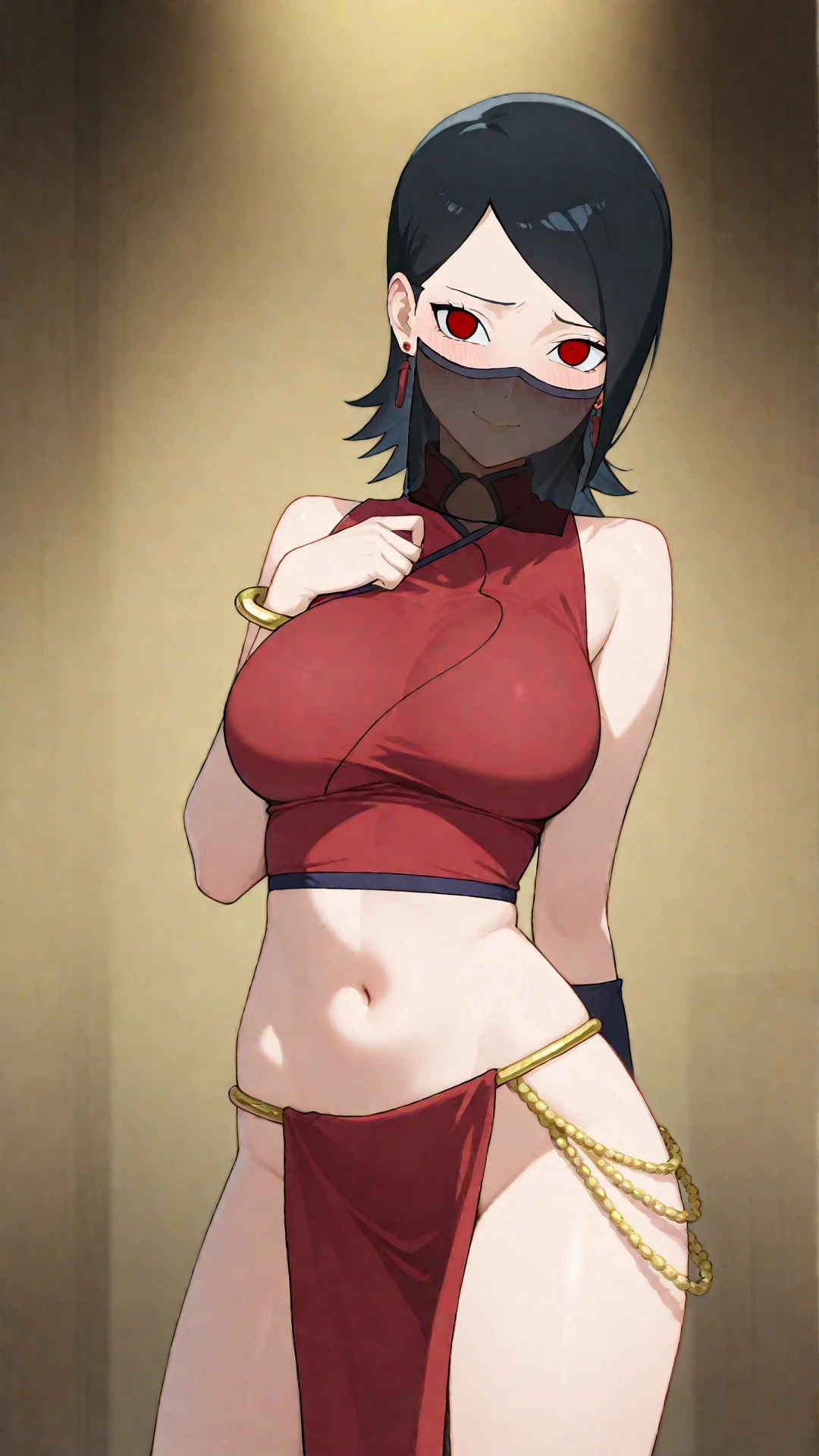 <lora:MatoiKazamaki:0.8>,1girl,matoininja,red eyes,folded ponytail,hair over one eye ,mature woman, milf,cleavage,ninja, fishnet, scarf, elbow gloves