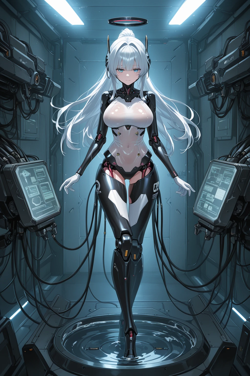 1girl, (solo:1.1), (factory:1.1), indoors, from above, walking, sad, android, translucent skin, evil machinery, corruption, mechanical, wires, electricity, very long hair, shadow creature, horrid dirty hairs, horror, terrifying atmosphere, (masterpiece), (hyper detailed), (intricate detail), [high contrast], 4k, dark colors, dynamic, best quality, absurdres, <lora:translucent_skin_full:1.2>,