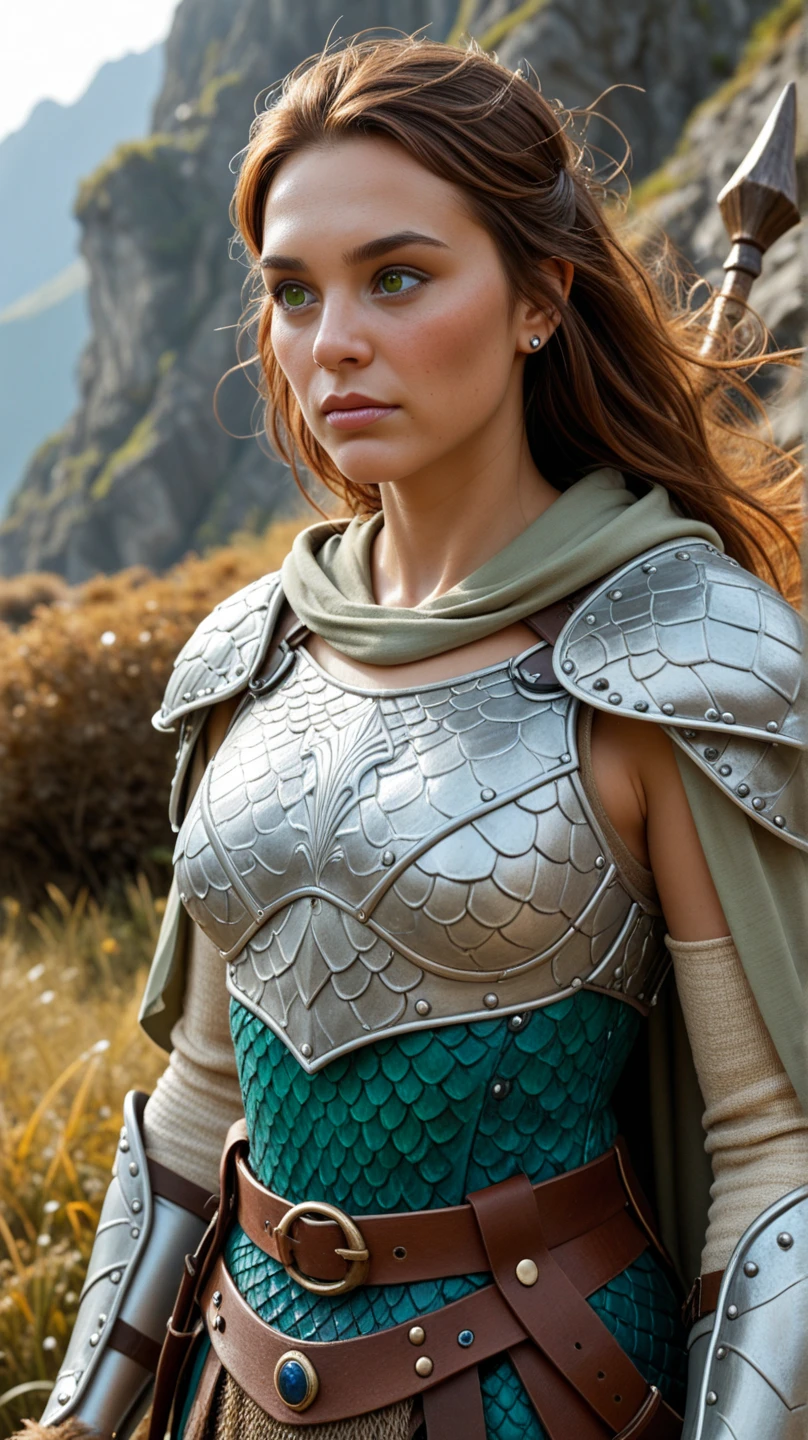 A female warrior, medieval fantasy setting, detailed armor, (intricate sword:1.2), (beautiful detailed face and eyes:1.4), long dark hair, (powerful pose:1.1), cinematic lighting, dramatic colors, (best quality,4k,8k,highres,masterpiece:1.2),ultra-detailed,(realistic,photorealistic,photo-realistic:1.37)