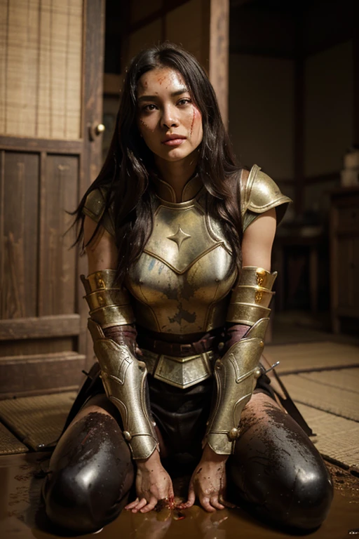 1womanl, Brunetette, blackquality hair, long hair to the floor, warrior with sword, breastplates, tense facial expression, standing on all fours, throwing your hair, skirt short
