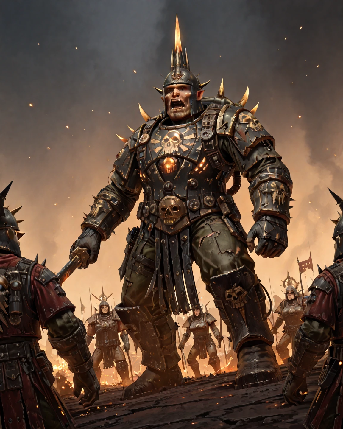 many soldiers , Warhammer 40k , Leagues of Votann VS Ork , war , At the edge of the galaxy where even light doesn't reach , Battle scenes unfolding in a desolate landscape , close-quarters combat , low angle ,