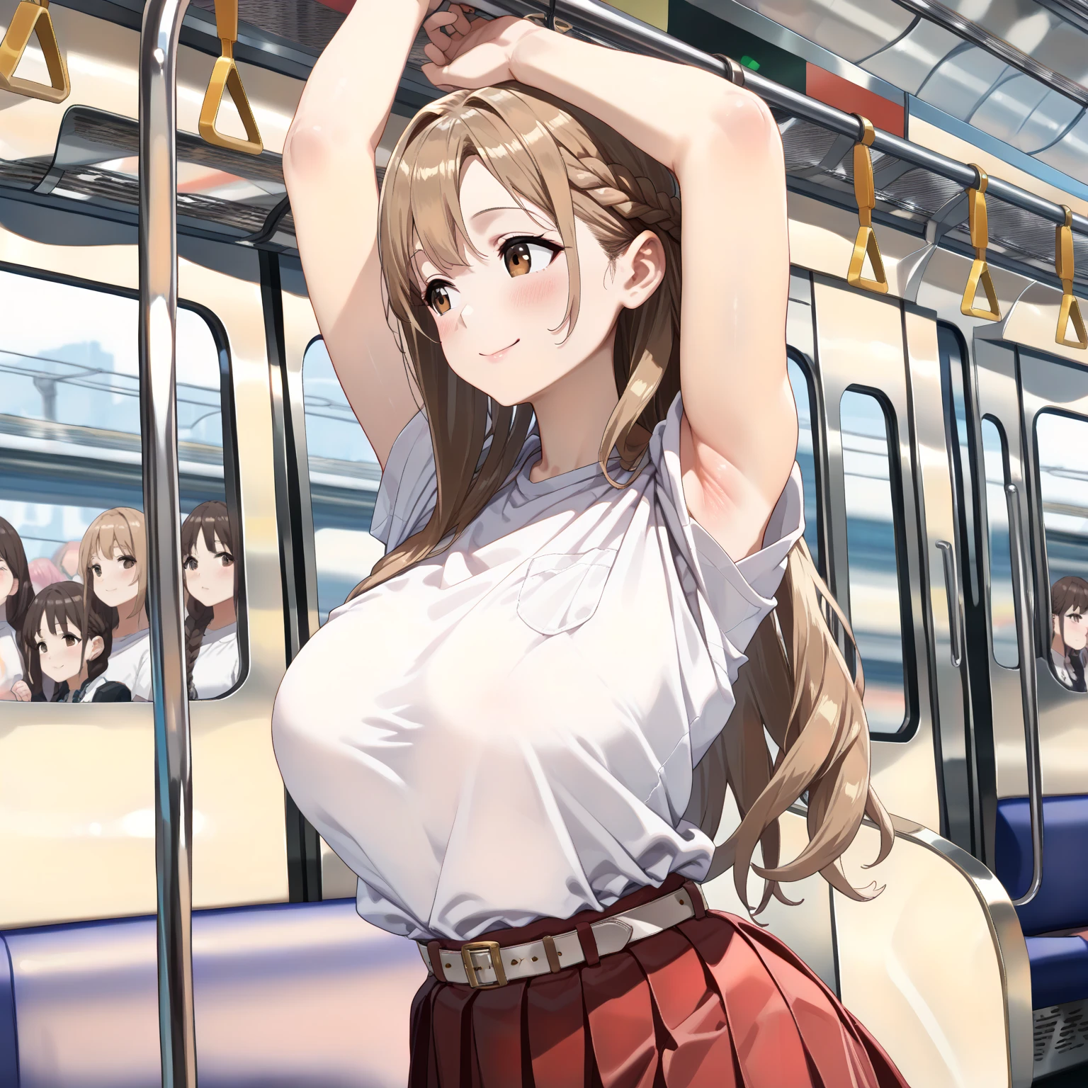 crowded train、One Woman、Cute Woman、A large number of passengers、Thick thighs、Best image quality、High resolution、masterpiece、super high quality、Pink Bra、Pink Panties、Big Ass、Large Breasts 、Blushing、4K quality、Reached orgasm、Wearing black knee socks、Heavy breathing、From directly below、from directly below、, 1girl, arm up, 1man, {{{man put hands on girl’s crotch}}}, train interior, crowded, weep face、（Positive prompt）
(1 girl)++, (masterpiece)+++, (best quality)+++, (ultra cute kawaii)+++, love live!, anime colored, , tears, (steam)+++ , be molested ,feigned ignorance, wearing blazer whiteshirt ,checked skirt , (turn up a shirt), misaligned bra ,arched back, crowded train,  (many man standing behind girl )++, dynamic pose, Dynamic hand movements, (breast grab)+++, man's arm grabbing a girl's tits, (frying hands), (floating hands), (grabbing from behind),
