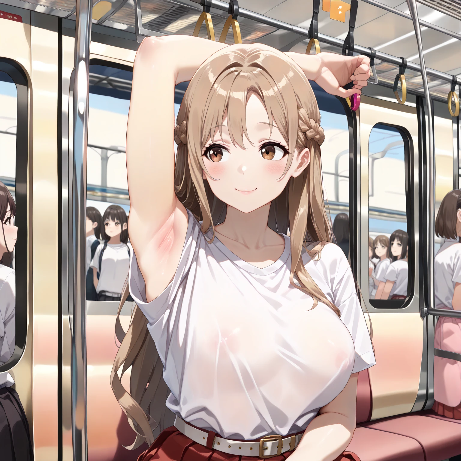 ugly man, ( ugly man is grabbing breasts from behind:1.5),(school girl is having a school with both hands),( half open eyes),(many dark skin male),( school girl :1.2 ),(in the train),( shirt lift, bra lift,nipples),( huge breasts),,( pov hands are grabbing breasts forcibly:1.5),( close up,upper body:1.3),(( blush, nurvous,skirt, watery eyes)),open mouth,(( looking down))