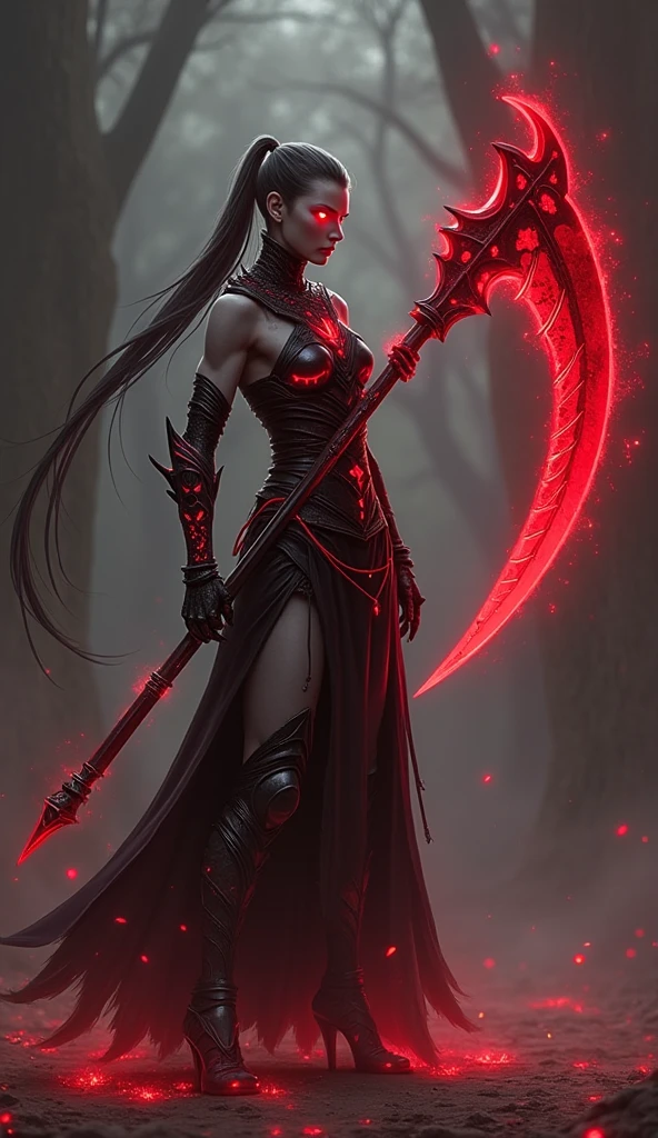 3D rendering game character design style(Best quality, 4k, 8k, high-rise, masterpiece: 1.2), ultra fine, (realistic, photo realistic, photo realistic: 1.37), crescent shaped blade, curved and sharp, complex patterns, rune blade, sparkling, skull hands holding long handles, dripping blood, blood dripping continuously, gray background, full body long shot, huge crescent sickle and red moon shining together,