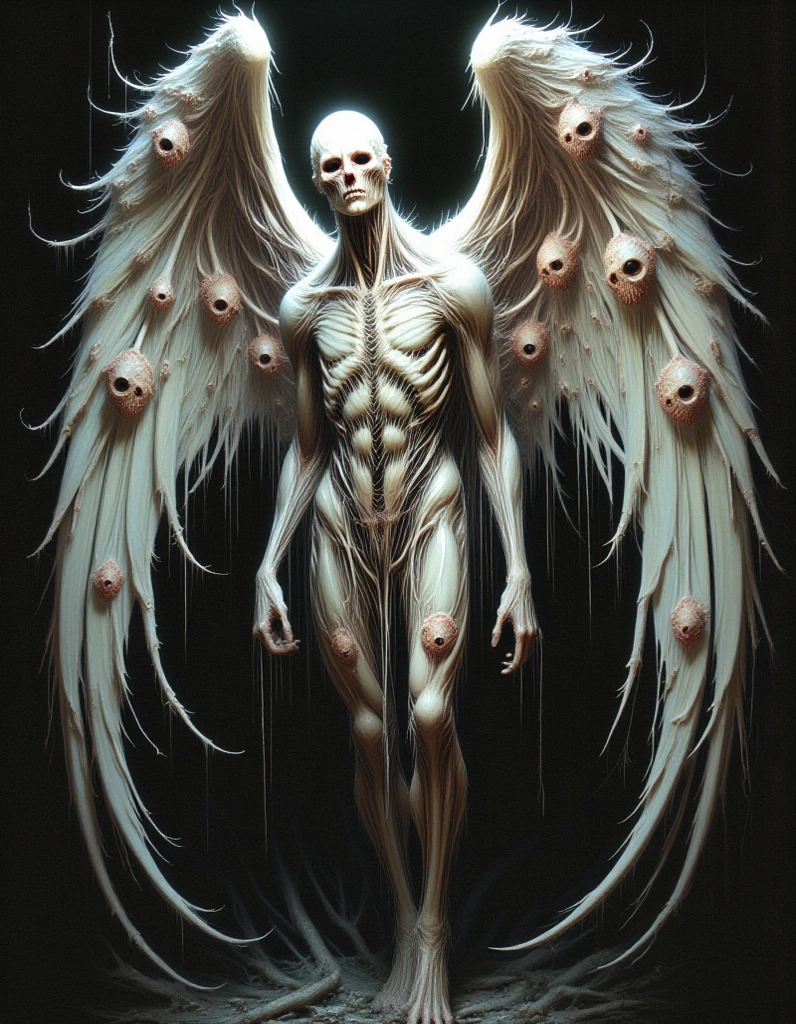 Imagine an albino man, extremely pale skin, almost translucent, Platinum white hair, thin lips with a light pink tone, he has wings, one white and the other black, He has some defined muscles., He has a beautiful face, and he has a symbol of the tree of life with wings on his chest
