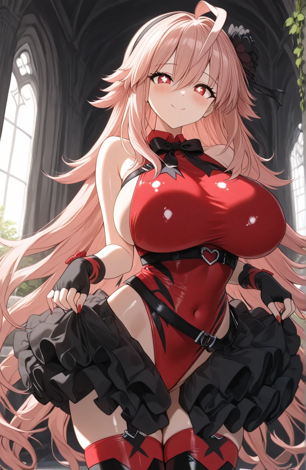 Wolf Woman, Big Breasts, Voluminous light red hair, One girl, masterpiece , Red eyes、Double teeth、tooth、Blushed cheeks、 hd, Head to Chest, buried in my chest、Underbust、Cleavage、Frilled bikini、Big Tits、Open your mouth wide、Grin、White Iris、