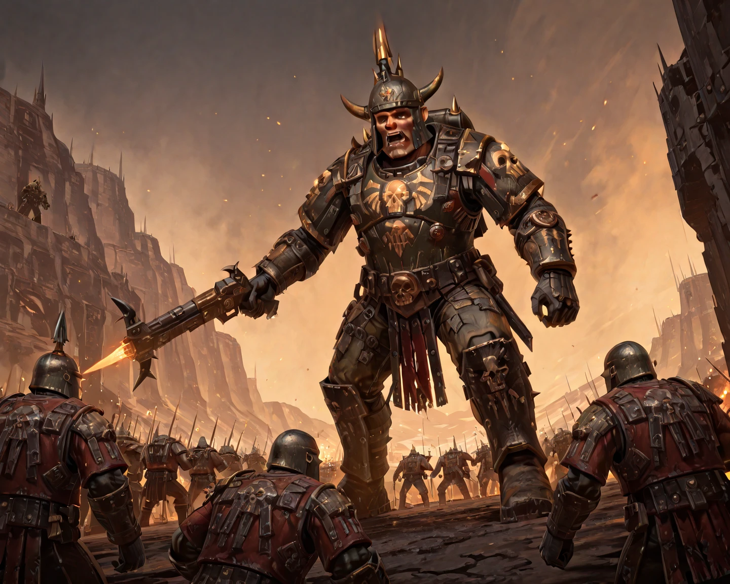many soldiers , Warhammer 40k , Leagues of Votann VS Ork , war , At the edge of the galaxy where even light doesn't reach , Battle scenes unfolding in a desolate landscape , close-quarters combat , low angle ,