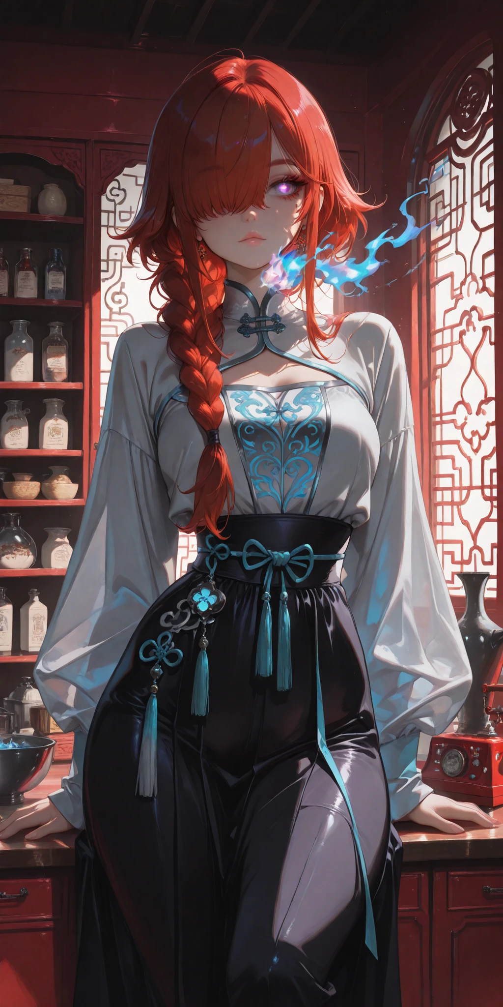 (masterpiece, detailed:1.2),(Fantasy_eyes)(tangobat:0.7),(Sakimichan:0.7),(High quality CT,4K,High resolution,main part:2.3),Very detailed,realistic:1.37,Best quality,masterpiece, high resolution,on_body, Tyndall effect,photorealistic, edge lighting, Two-color backlight,(high definition of skin:2.3), (8K UHD, DSLR quality, soft lighting, high quality, surround lighting, sincere, de 8K , 4k, 8K.) The girl with the copper skin. She has purple glowing eyes and dark purple eye shadow. She has a red eyebrows and red eyelashes. She has fiery scarlet red longest hair braided in a loose braid that floats in the air. her red hair over eyes hiding half of her face. She has blue peonies and silver Chinese hairpins in her hair. She is wearing a traditional Chinese light turquoise Hanfu dress with a small neckline, long sleeves and embroidery in the form of a silver phoenix. on the background : ancient Chinese pharmacephtic shop.