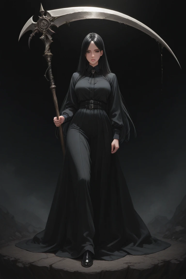 Make a woman with a white mask over her face, hair covering the top of the mask, mouth and eyes in black on the mask with neutral emotion, long hair wearing a black dress holding a bloody knife
